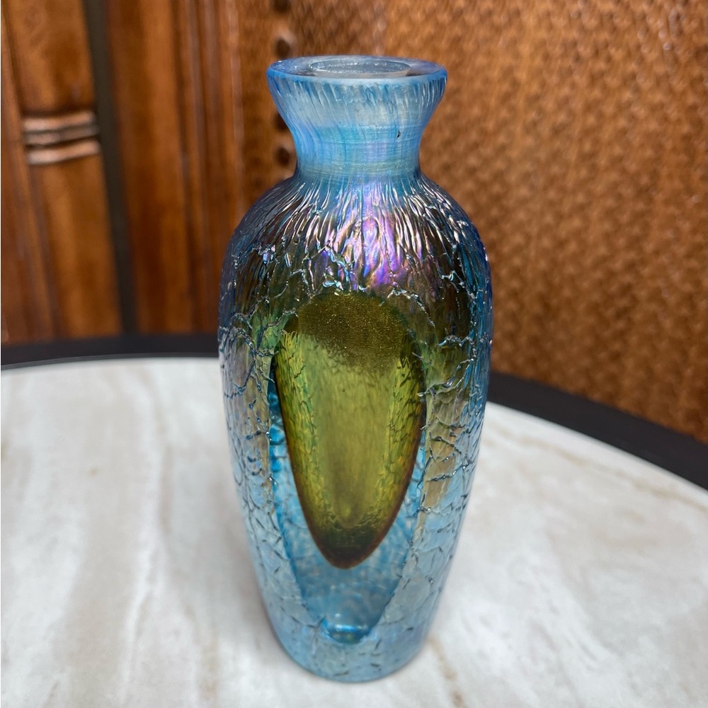 Beautiful Vintage Art Glass Perfume Bottle. Unmarked, Iridescent Blue